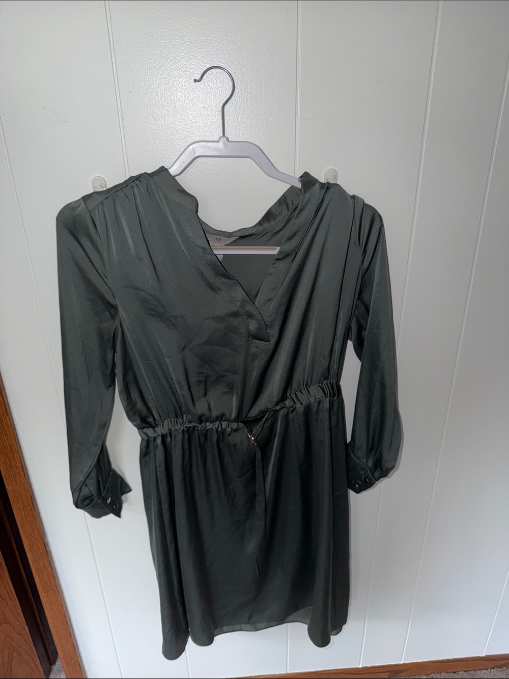 H&M Dark Olive Long-Sleeve V-Neck Drawstring Waist Dress